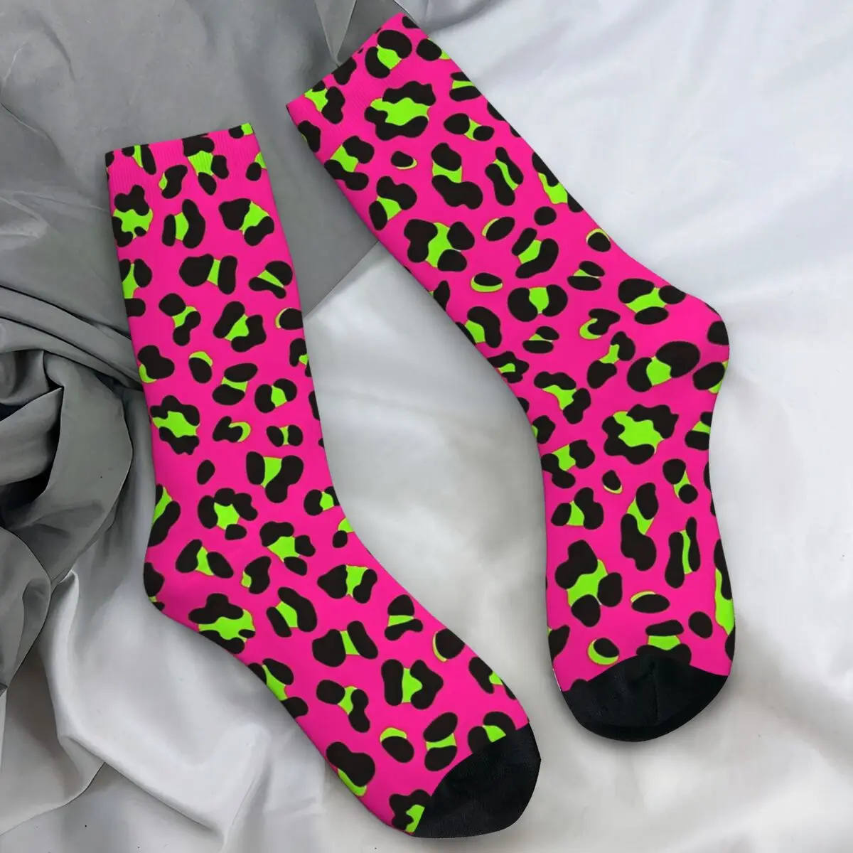 Calcetines de pareja psicodélicos de los años 80, medias de leopardo rosa neón fucsia y verde lima, calcetines medianos de primavera, calcetines antisudor para monopatín