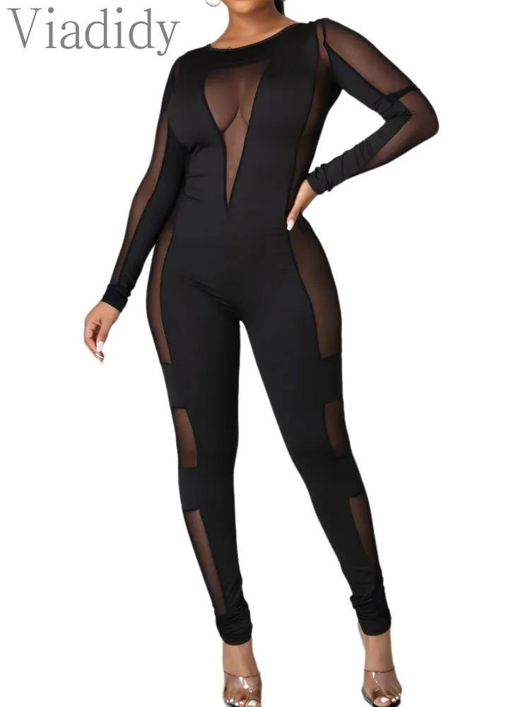 Women Sexy Mesh Sheer Skinny Jumpsuit