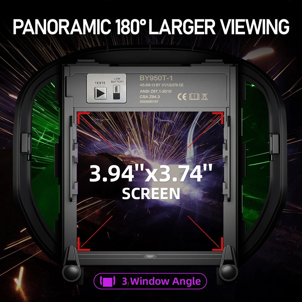 خوذة لحام ANDELI مع ضوء LED شاشة عرض كبيرة بانورامية 3.94 بوصة × 3.74 بوصة قناع لحام تلقائي ذو لون حقيقي للحام