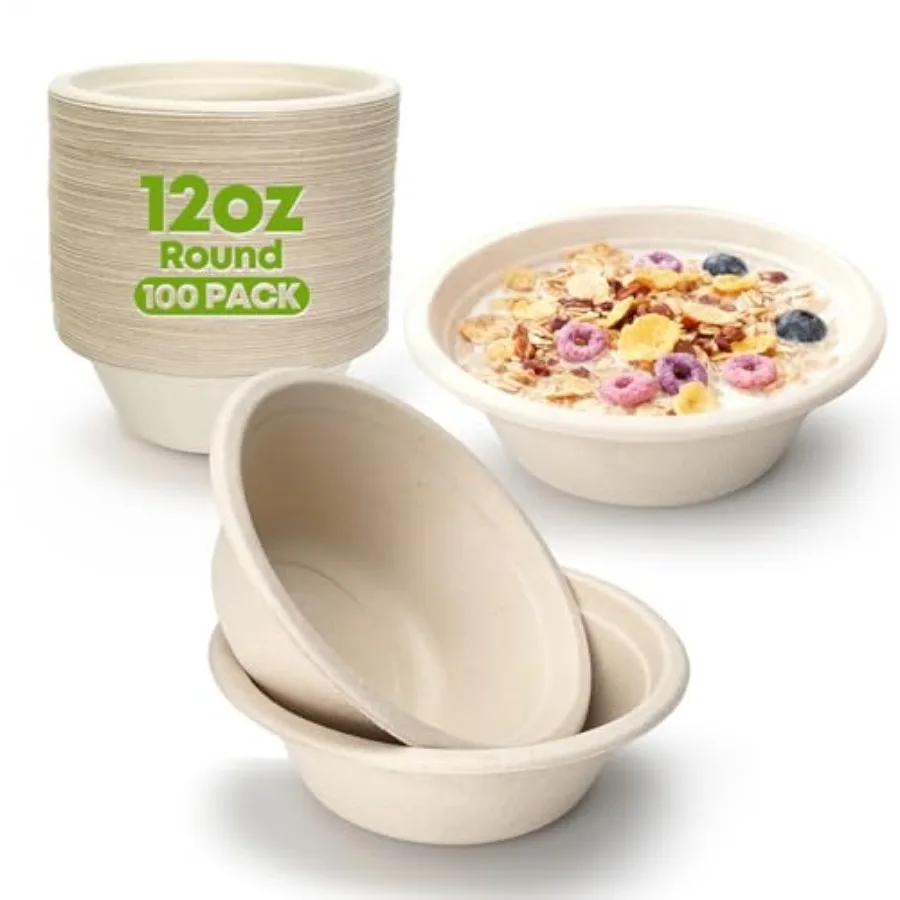 

Paper Bowls Disposable - 100 Pack 12 oz Compostable and Biodegradable Bowls; Heavy Duty Sugarcane Fiber Bowls, Microwave Safe;