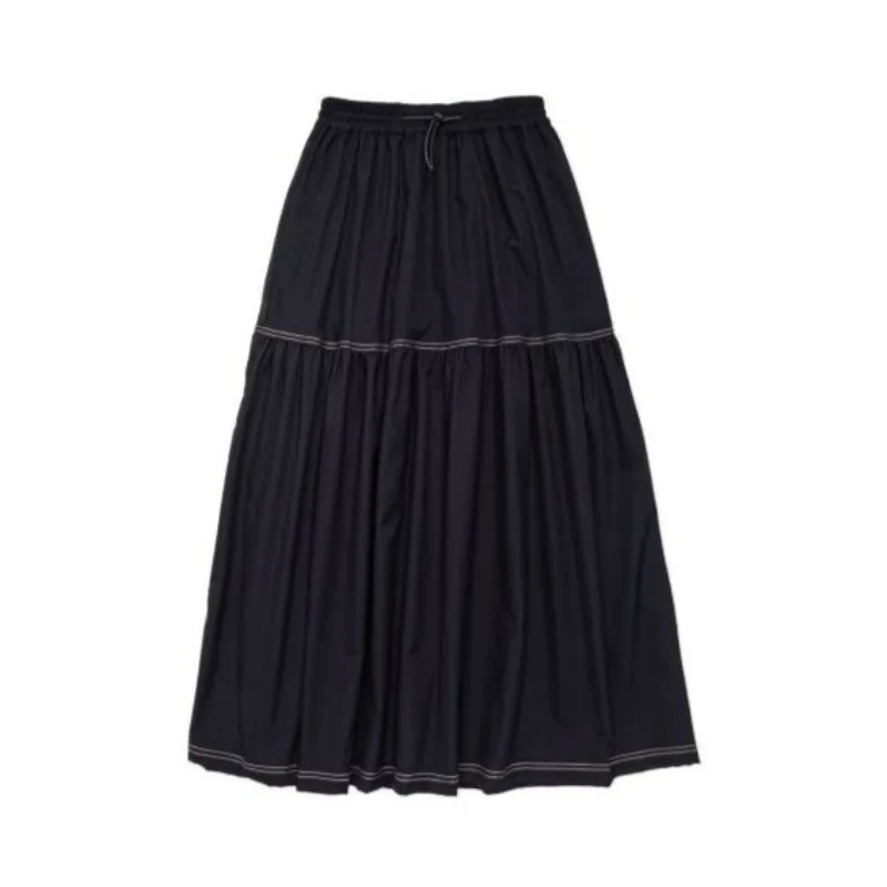 Korean Fashion Vintage Casual Outdoor Drawstring A-Line Pleated Maxi Skirt High Waist Preppy Office Commute Long Skirt for Women