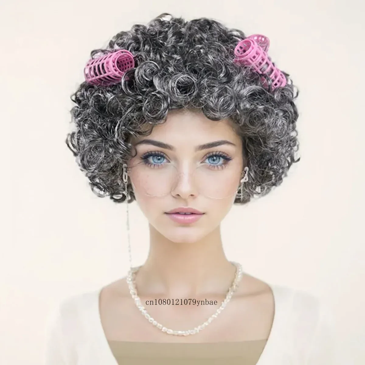 Synthetic Hair Dark Grey Wigs for Women Granny Costume 5Pcs Set Grandma Wig and Hair Rollers Glasses Chain Necklace Daily Party