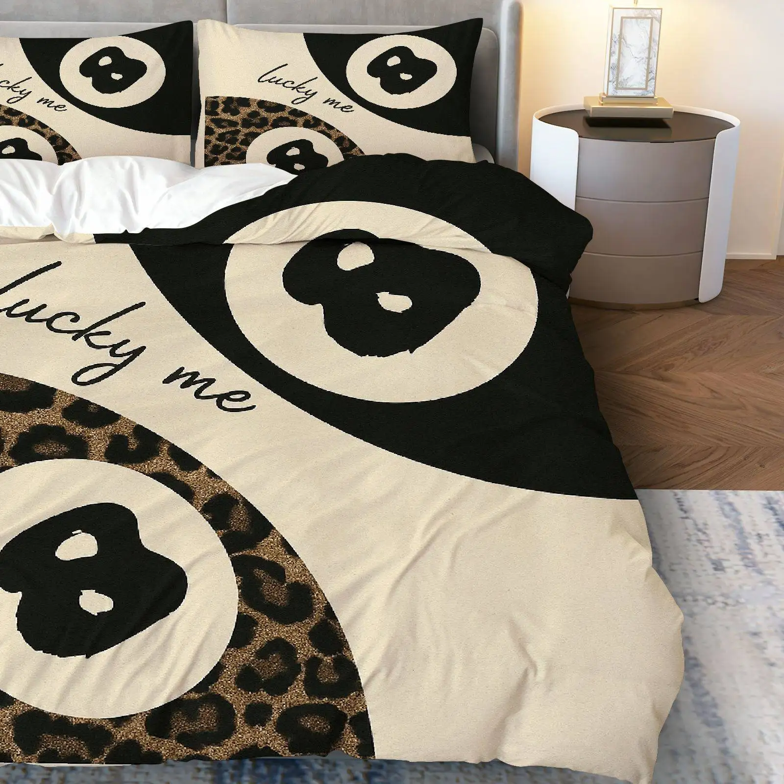 Customize 3pcs Bedding, Including 1 Duvet Cover and 2 Pillowcases (without Filling), Featuring a Leopard Print Lucky 8 Abstract