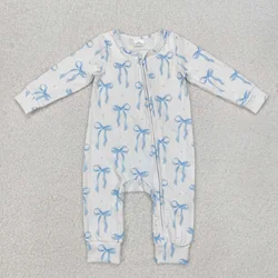 Wholesale Baby Girl Blue Bows Zipper Infant Children Long Sleeves Romper Toddler Kids Newborn Pajamas Coverall Bodysuit