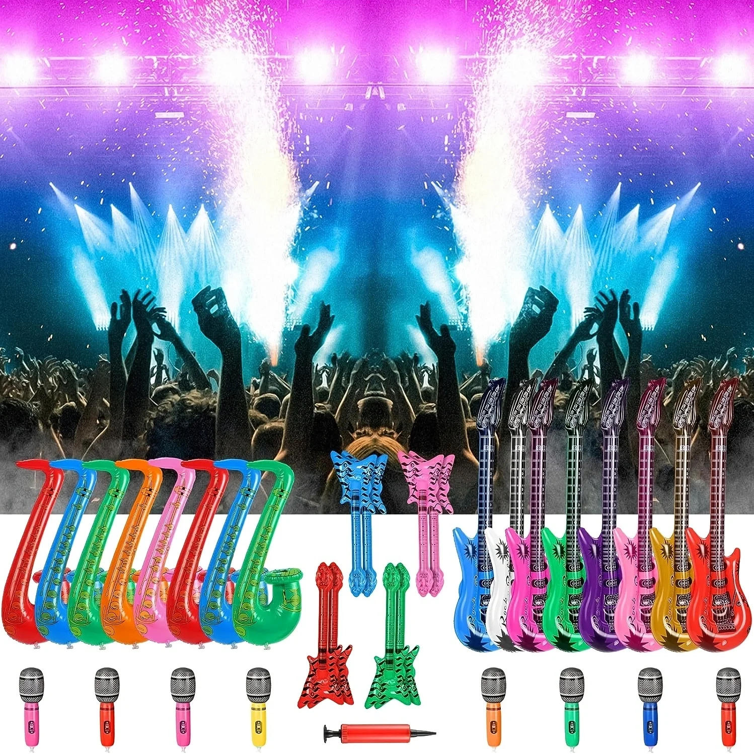 20 Pakket Bevat 6 Opblaasbare Microfoons, 4 Gitaren, 1 Saxofoon, 1 Toetsenbord, 1 Radio, 6 Glazen En 1 Pomp (Willekeurige Kleur)