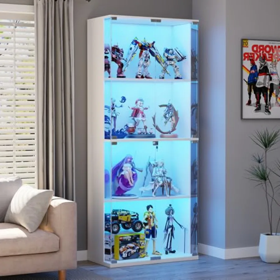 66 Glass Display Cabinet for Collectibles, Toys, Books - White Tempered Glass with 3-Color LED Lights, Lockable Storage, Motion view 3