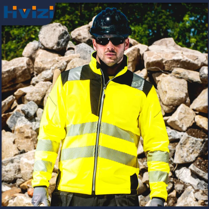 Hi Vis Softshell เสื้อสะท้อนแสงกันน้ำซิปเสื้อทำงานกลางแจ้งความปลอดภัย Breathable Windproof Workwear