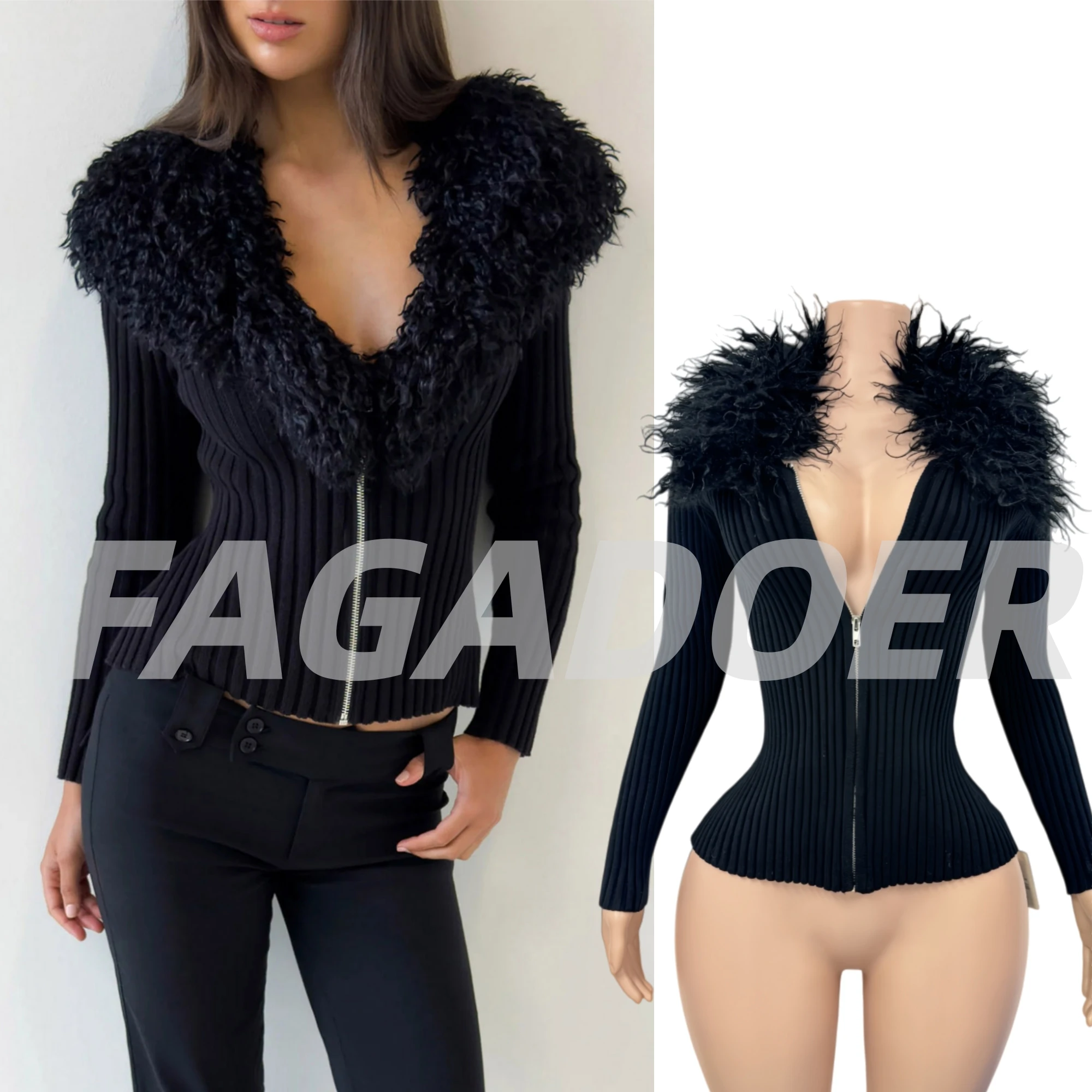 

FAGADOER Sexy Knitting Bodycon Pullover T-shirt for Woman Solid Deep V-neck Long Sleeves Crop Top Female Streetwear Clothing New