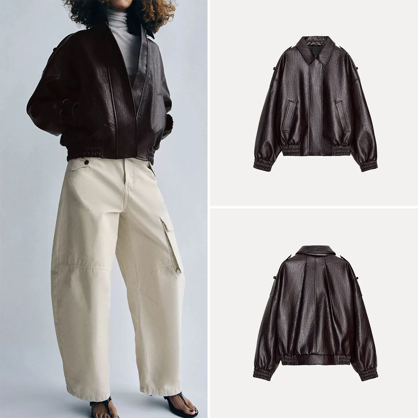 

Fashionable Leather Effect Pilot Jacket Outerwear Women's Summer 2026 New Arrival ZADATA Brand Long Sleeve Regular Length