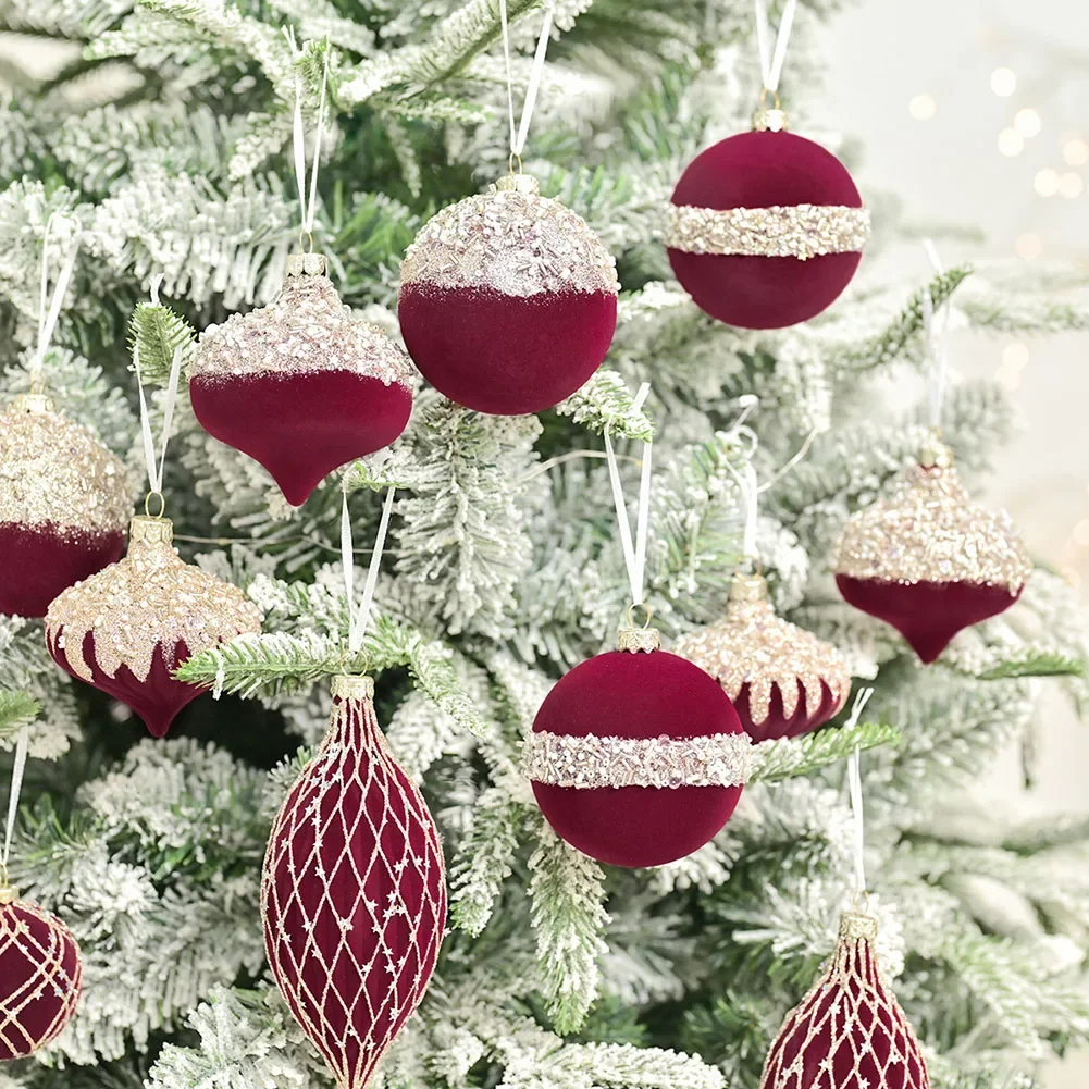 8CM 10PCS Special Shaped Flocking Christmas Ball Burgundy Dark Green Pendant 10pcs8cm Flocked Diamond Velvet Christmas Balls Han