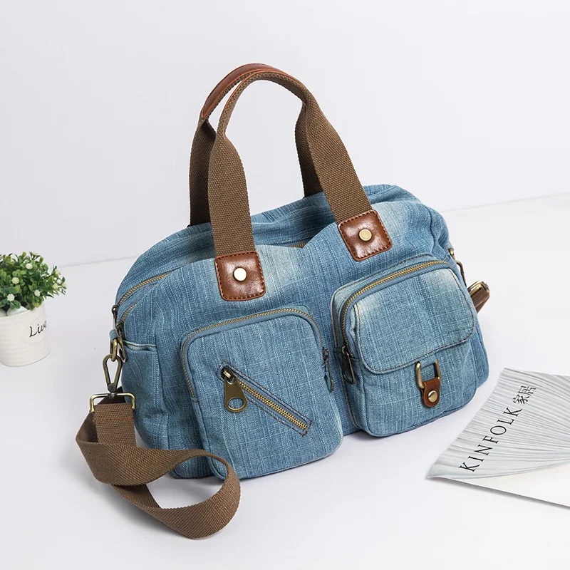 2022 Designer Casual Tote Bag Light Blue Denim Handbags Female Jeans Bag Quality Shoulder Bag with Long Straps