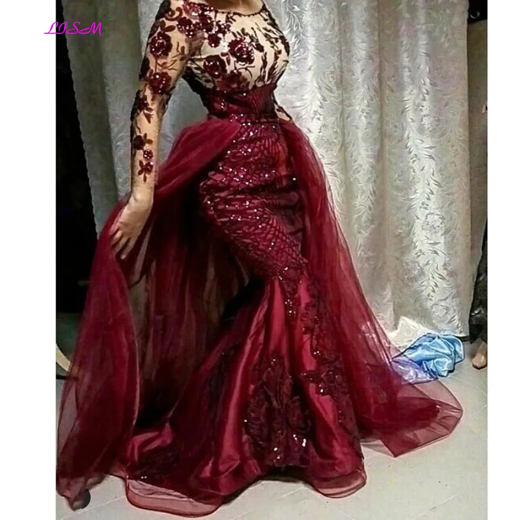 Vestido de noche de sirena de encaje Floral con lentejuelas Burdeos con tren desmontable, mangas completas modestas, vestidos de graduación,