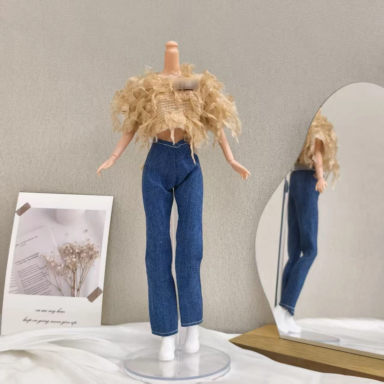 30cm Doll Clothes Accessories Fashion Retro Feather Top+Classic Denim Pants+Handbag For 1/6 BJD Supermodel Doll Daily Dress Up