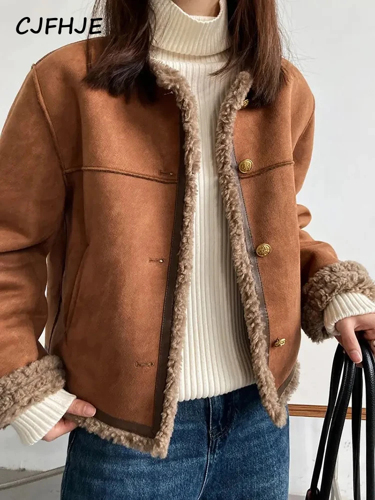 CJFHJE Round Neck Motorcycle Women Warmth Jacket Female Autumn Winter Lamb Deer Fur Top Trend Coats Women Fashion Beige Jackets