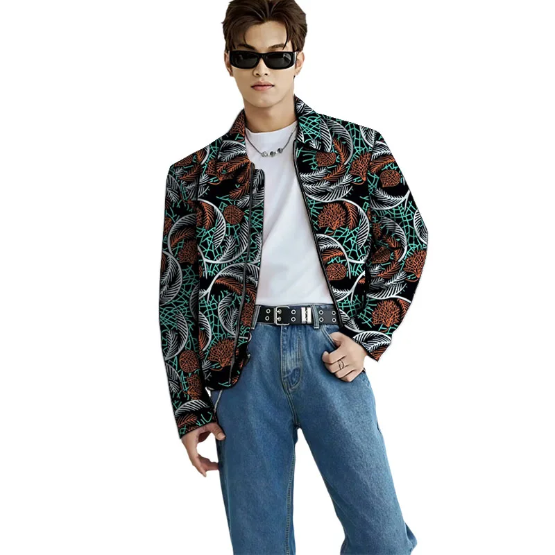 

African Couture Men's Colorful Bomber Jacket Basic Style Short Lapel Custom Made Male Vintage Pint Coat