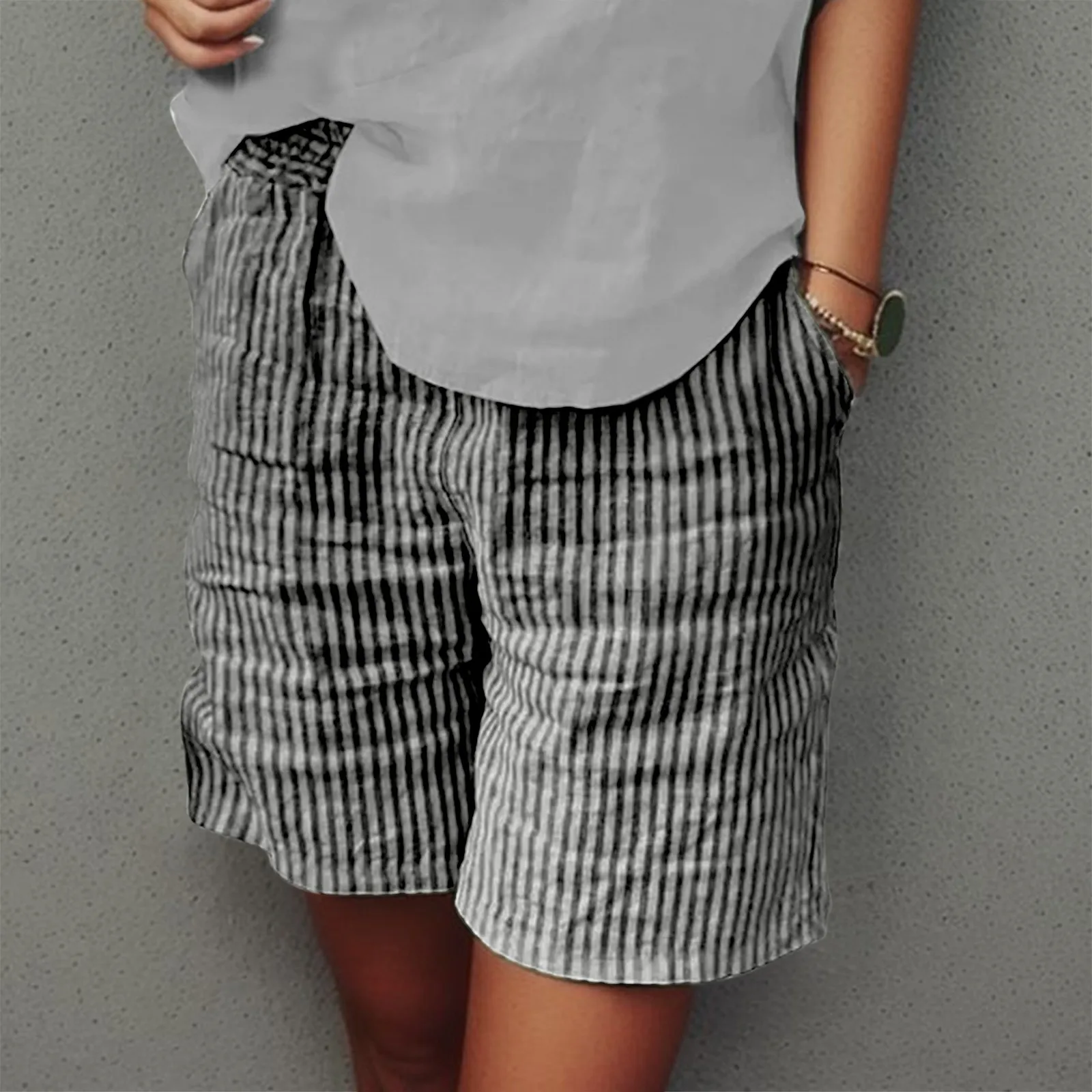 Summer Shorts Women Stripe Cotton Straight Shorts Athletic Pants Wide Leg With Pockets High Waist Oversize Sports Shorts Female