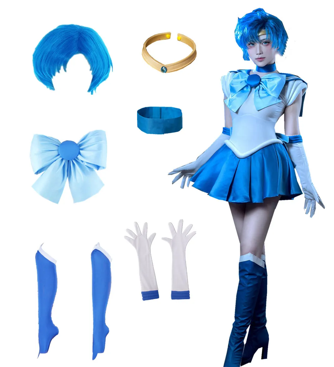 

US Size Anime Mercury Cosplay Women's White Blue Skirt Party Outfit Halloween Costume