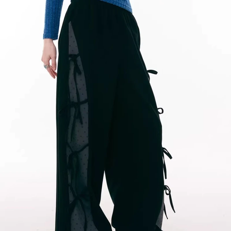 2026 Spring New Sweet Cool Black Women's Trousers Retro Design Cute Bow Polka Dot Splicing Y2k Loose Casual Long Pants Ladies