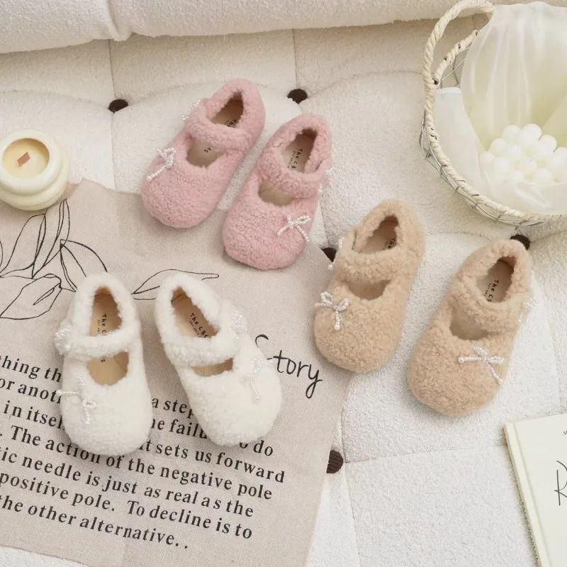 

Kids' Winter Sweet Shoes Elegant Beading Bowknot Girls Princess Causal Cotton Shoes Flat Furry Hairy Warm Children's Fur Shoes