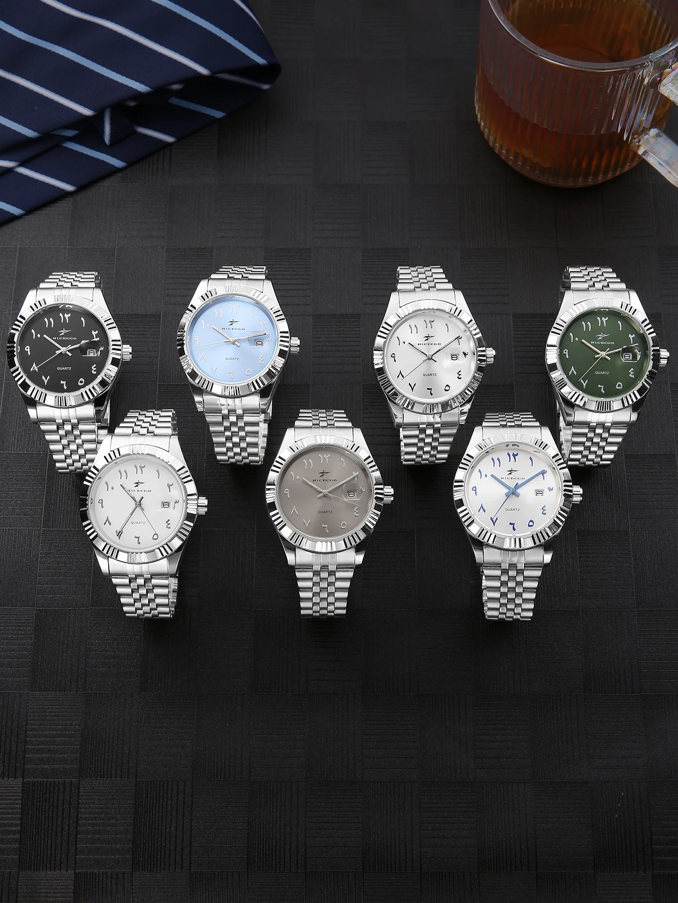 Men's Quartz Watch Steel Band Business Wristwatch Arabic Numerical Scale with Date Display