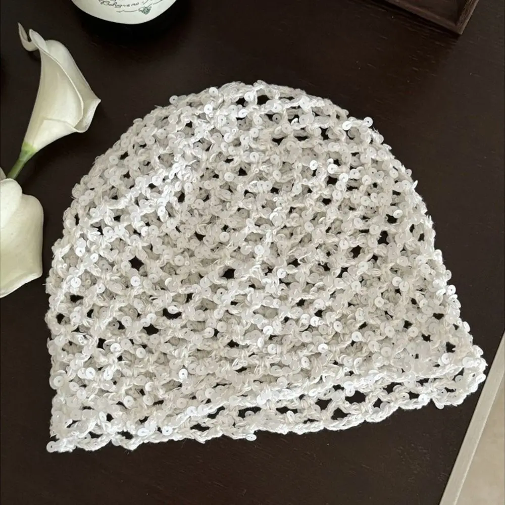 Gorro tejido con lentejuelas vintage informal Y2k, sombrero de cubo con lentejuelas huecas, gorro de punto fino, sombreros de verano