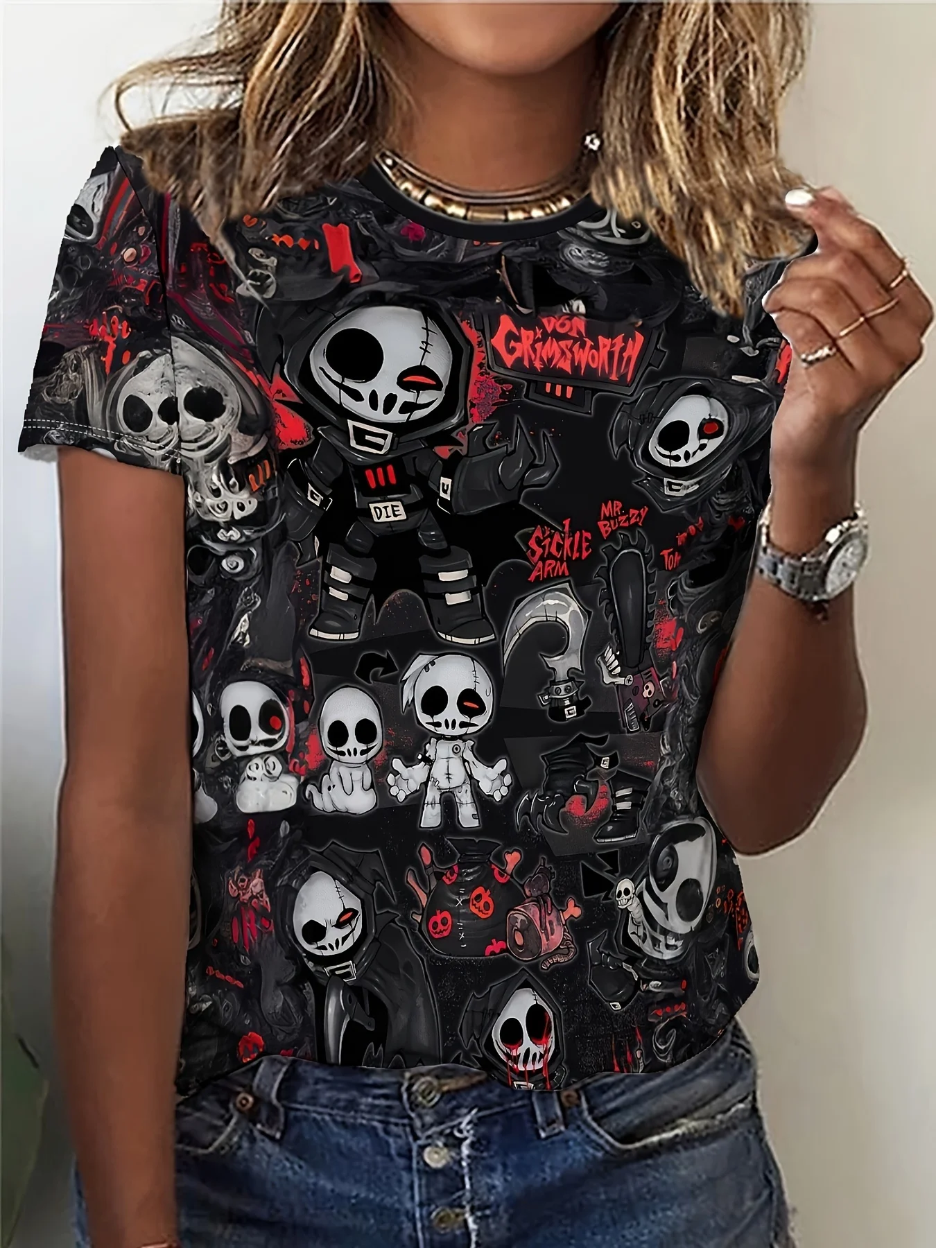 Women's T-shirt 3D Halloween horror element printed T-shirt summer casual round neck short sleeve T-shirt loose clothes