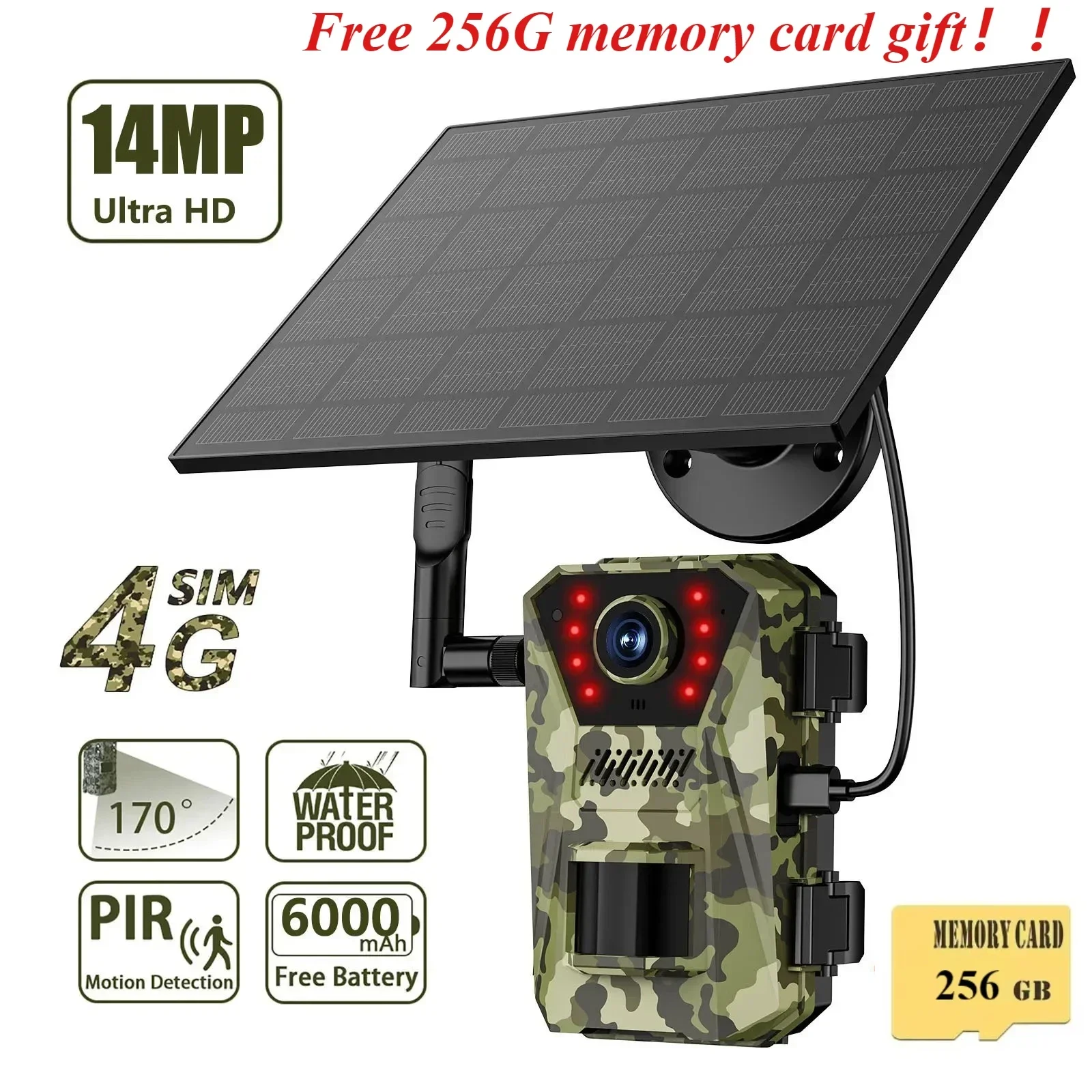 14MP 4G Solar Hunting Trail Camera Waterproof 20M PIR MotionDetection Outdoor Wildlife Tracking Cam 940nmh infrared Night Vision