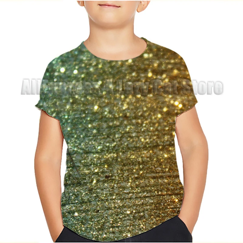 Shiny Gold T-Shirts 3D Tees Fashion Boys Girls Children O-Neck Oversized Short Sleeve Summer Casual Kids Tops 2023