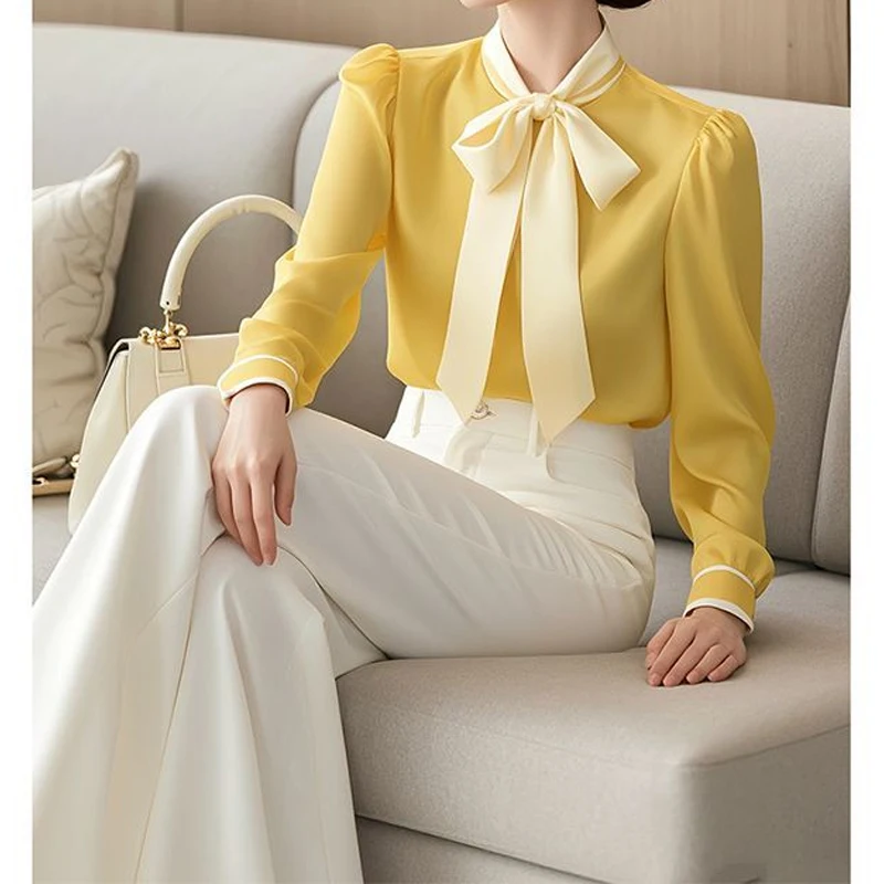 Bow Yellow All-match Elegant Blouse Spring Autumn Contrast Long Sleeve Solid Temperament Shirt Tops Fashion Office Women Clothes