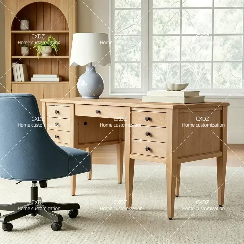 Retro Solid Wood Desk Simple Modern Multi Drawer Storage Table Home Study Computer Workstation Log Style Office Furniture