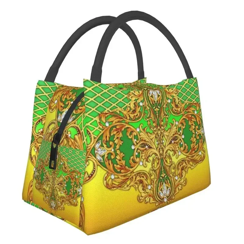 

Baroque Yellow Decorative Luxury Golden Ornamental European Design Fashion Lunch Bag Women Cooler Thermal Insulated Boxes