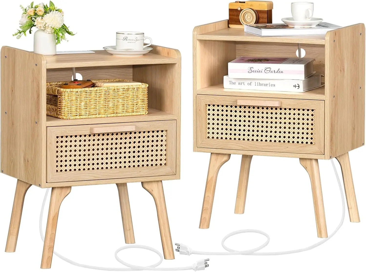 

Rattan Nightstands Set of 2 with Charging Station, Boho Side Table with Drawer Open Shelf, Cane Accent Bedside End Table