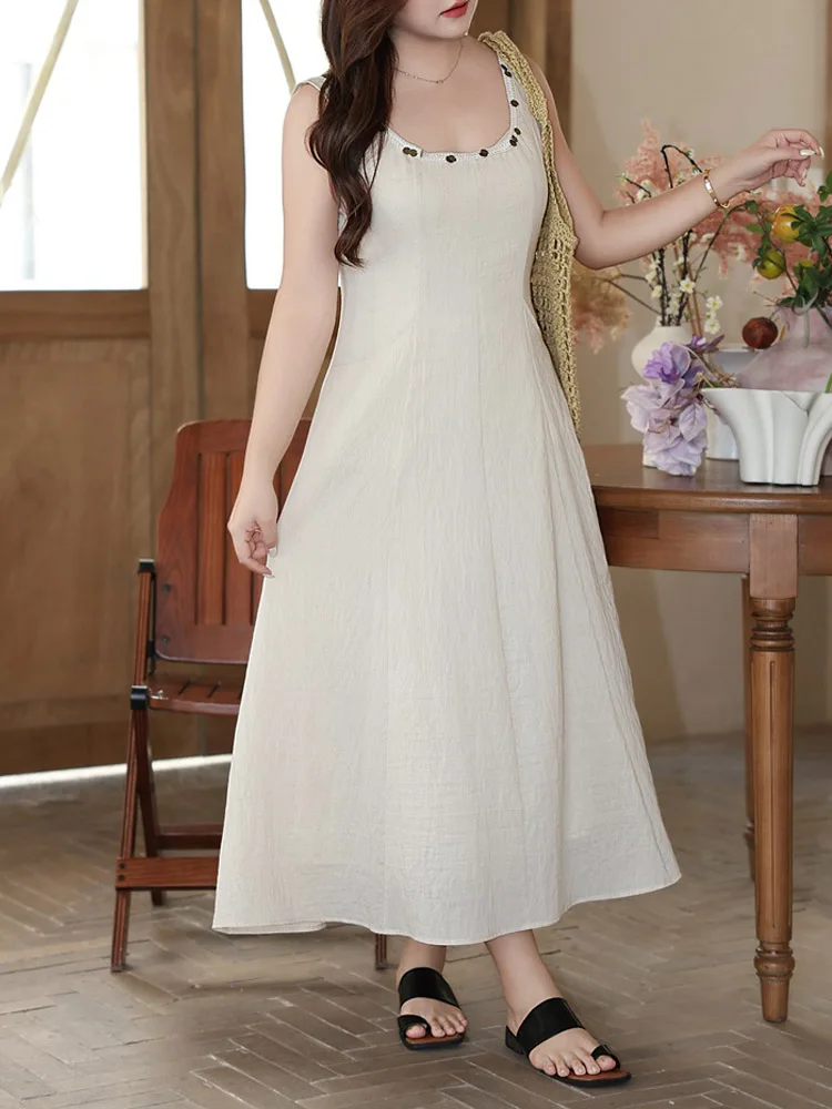 Linen Tank Dress Women Plus Size Summer 2024 Good Quality French Slim Waist Elegant Bronze Sequined Sleeveless Long Dress