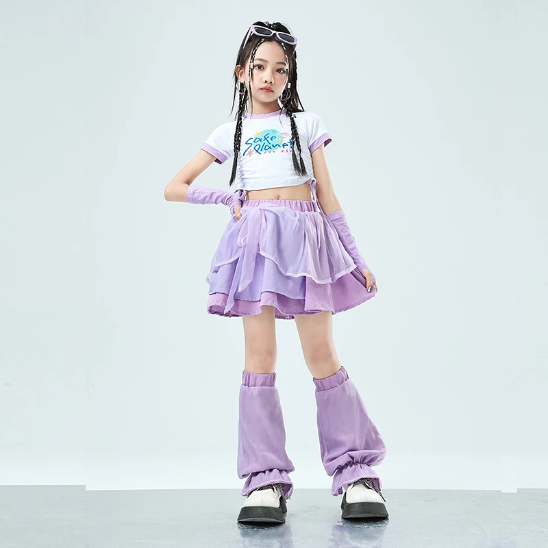 Mädchen niedlichen Streetwear Outfits Kinder Hip Hop Crop Top lila gestufte Röcke Kleidung setzt Kinder Teenager Street Dance Jazz Kostüme