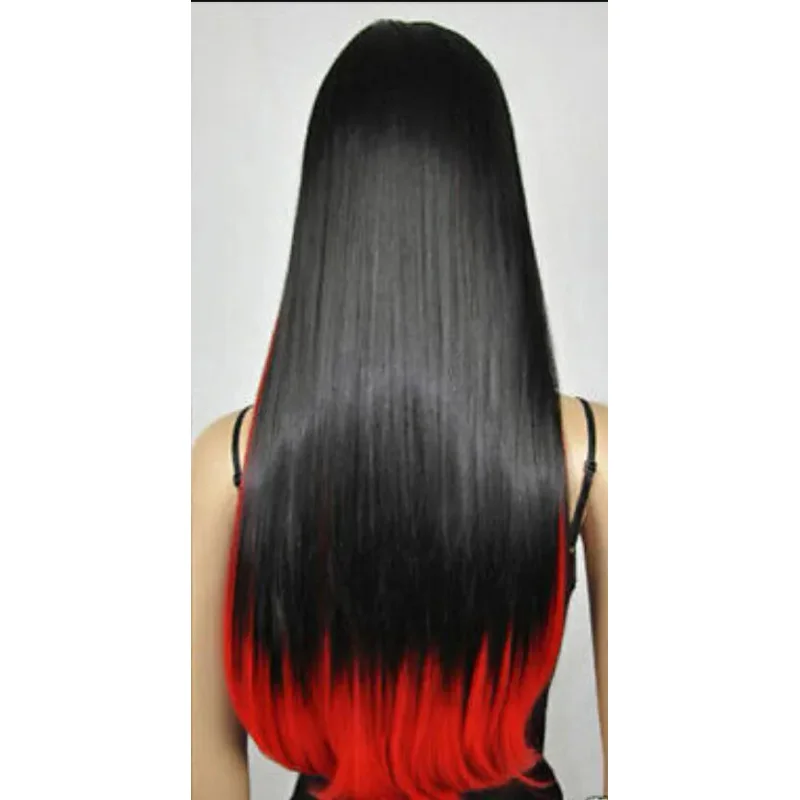 WIG rambut palsu panjang lurus wanita, kostum pesta Cosplay merah campur