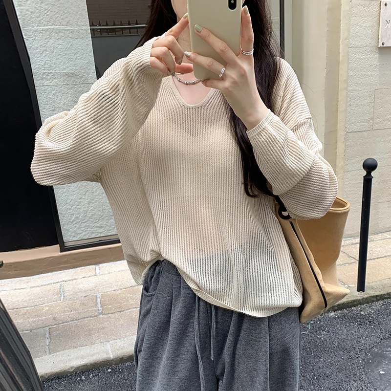 Women Hollow Out Loose Sweater Autumn V-Neck Knitted Pullovers See Through Oversize Tops Y2K Lazy Style Long Sleeve Tops