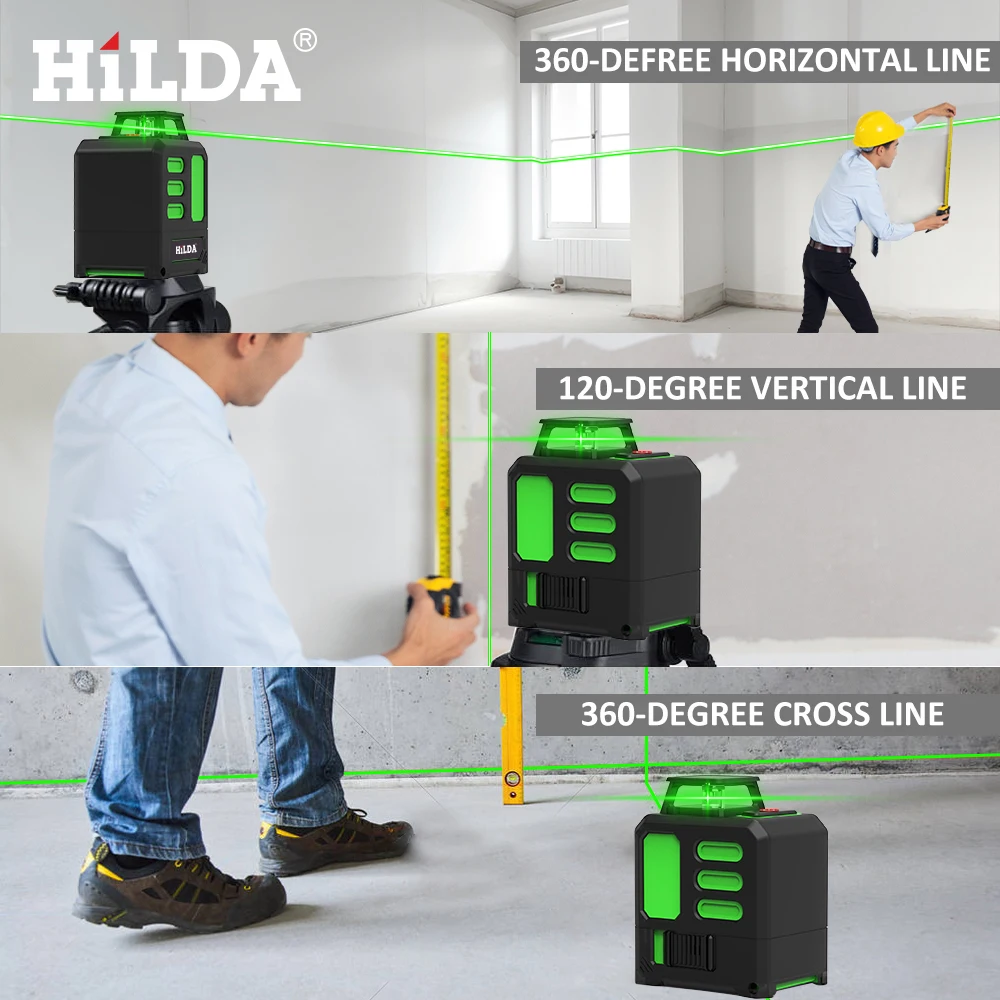 HILDA 5 Lines Laser Level Self-Leveling Meter Cross Green Level Laser Horizontal & Vertical Laser Level Measuring Tools ﻿