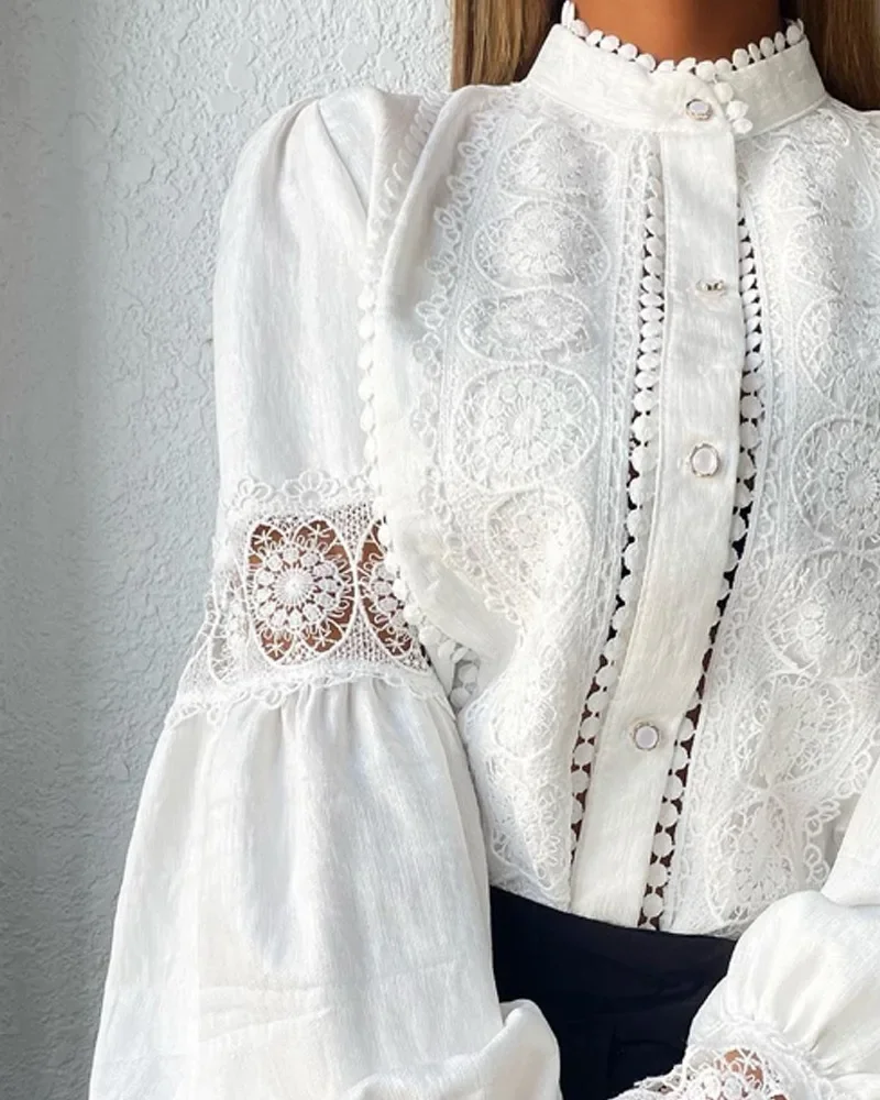 Spring Autumn White Lace Blouses Women Elegant Solid Tops Casual Button Hollow Lantern Sleeves Blouse Top Lady Office Shirts