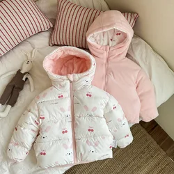 New Winter Thick Keep Warm Girls Jacket Cartoon Rabbit Fleece-lined Can Be Worn On Both Sides Hooded Heavy Coat For Kids