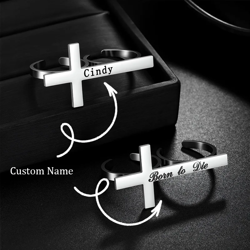 

Nextvance Personalized Custom Name Cross Ring For Women Men Stainless Steel 2 Fingers Adjustable Rings Jewelry Christmas Gifts