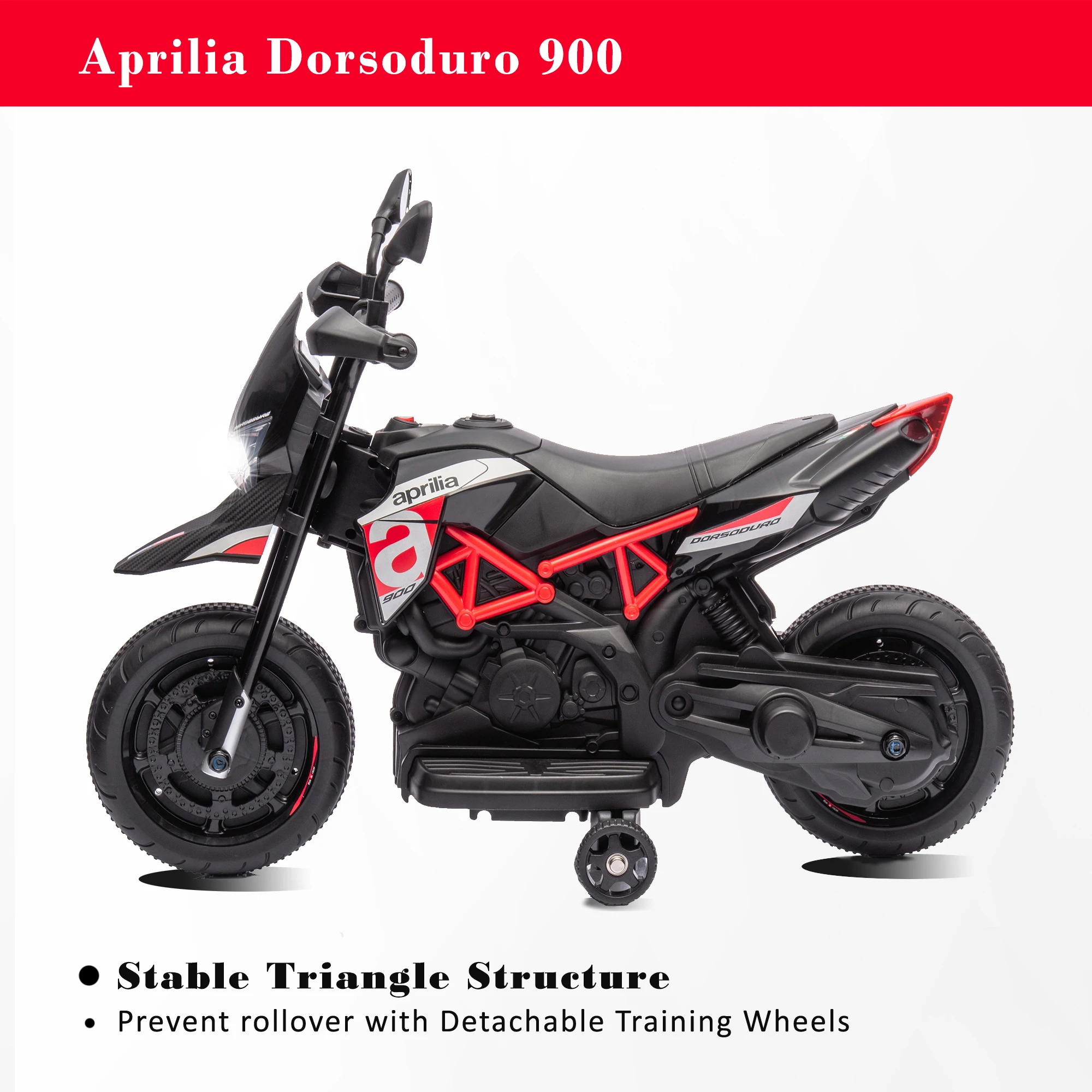 Motocicleta elétrica com rodas de treinamento, passeio no brinquedo, luzes LED, sons e música, massa, vermelho, Aprilia, 6V, crianças