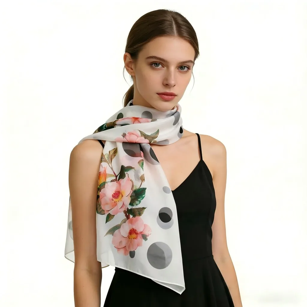 Elegant Camellia & Polka Dot Print Chiffon Scarf 160x50cm - Soft Georgette Shawl for Women, Lightweight Sun Protection & Beach