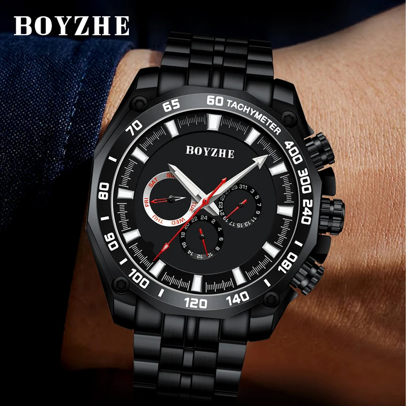 Reloj mecánico completamente automático de gama alta de marca BOYZHE, calendario semanal para hombre, reloj de lujo luminoso de acero inoxidable resistente al agua para hombre