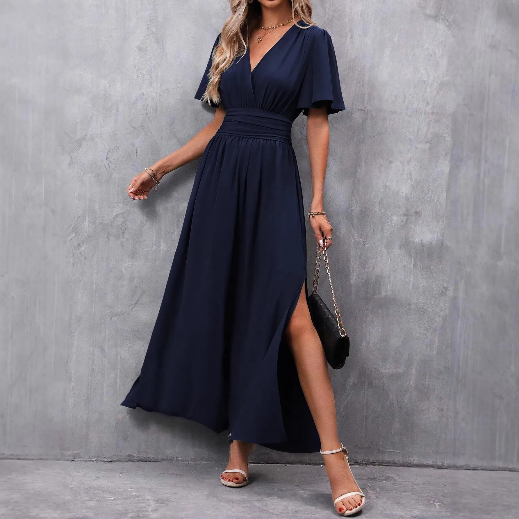 Pullover V Neck Dress Fitted Elegant and Refined with Flutter Sleeve Short Sleeve Maxi Length Spring High Waist Women Dress
