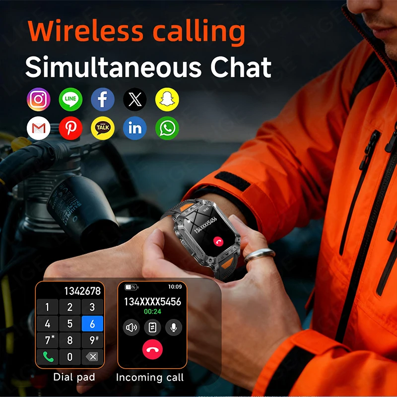 LIGE Built-in 1400mAh Super Large Battery Men Smart Watch Outdoor Flashlight IP68 Waterproof BT Call 2.01
