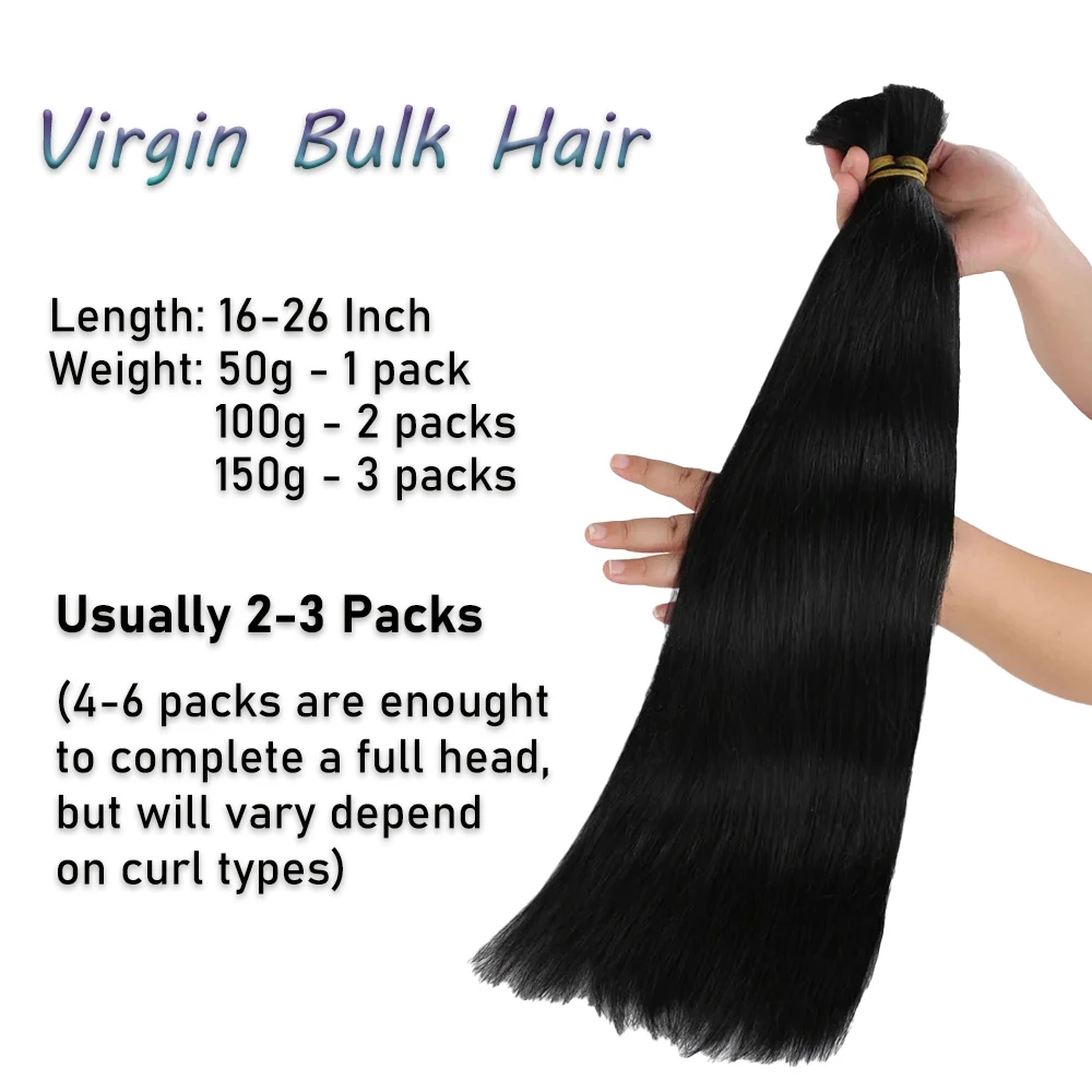 Straight Bulk Hair 100% Human Hair Bulk Machine Made Unprocessed Virgin Hair 16-26 Inch 50/100g Natural Black Braizlian Hair