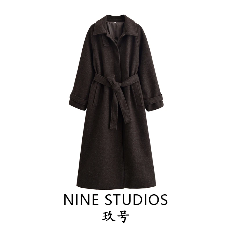 

NINE ZAR женское свободное шерстяное пальто с поясом, ветровка с откидным воротником, верхняя одежда, прямой крой, длинное све, средней длины, для поездок на работу