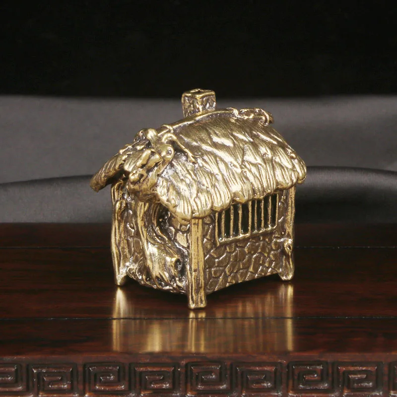 Brass Antique Mini House Incense Burner Creative Thatch House Incense Insert Decoration Copper Carving Craft Gift
