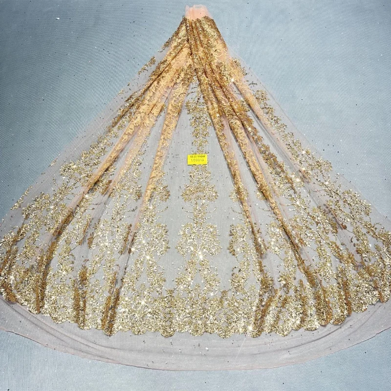 

2026 Gold Hot Sale Fadhion Design Africa Glitter Fabric Embroidery Net Lace With Glued Glitter Sequins Wedding Or Party Dress