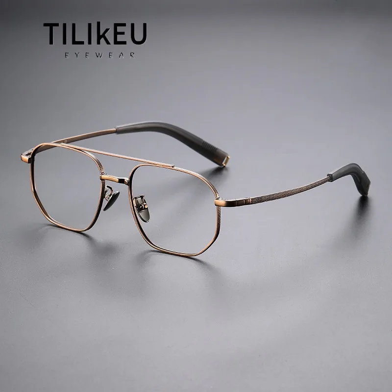 

Vintage Pure Titanium Eyeglass Frame Men Designer Aviator Double Beam Glasses Frame Full Rim Flat Prescription Eyeglasses Frames
